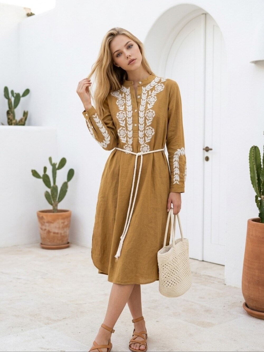 NEW ExVotò Tan Embroidered Long-Sleeve Maxi Dress with Rope Belt